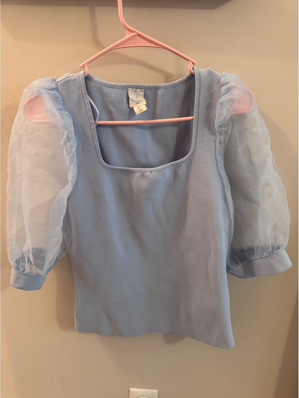 Jolie blue knit top with sheer mesh sleeves
